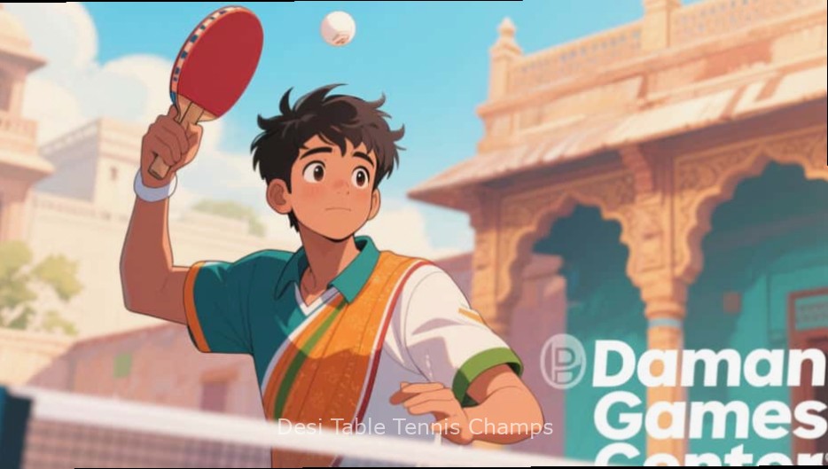 Desi Table Tennis Champs - Official Game Cover Desi Table Tennis Champs game cover showing Indian players competing in traditional attire